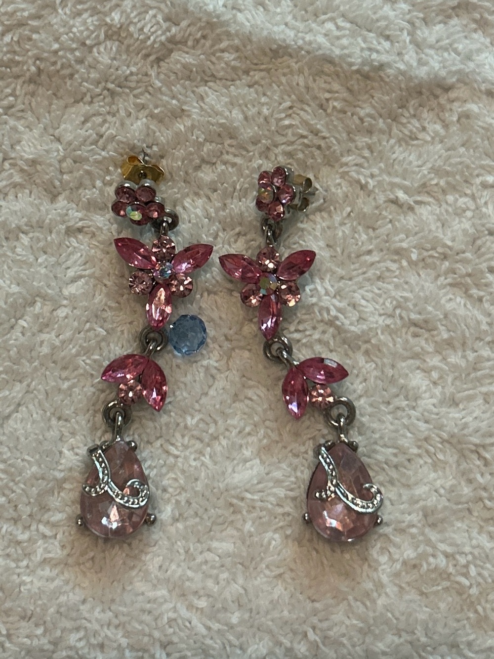 Pink Crystal Drop Dangle Earrings - Elegant Butterflies and Floral Design